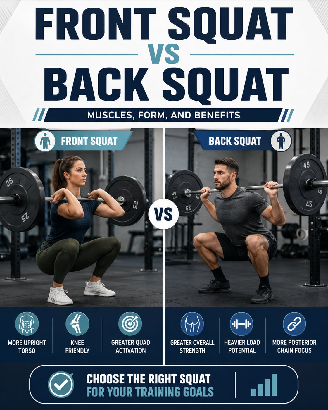 Front Squat vs Back Squat: Muscles, Form, Benefits
